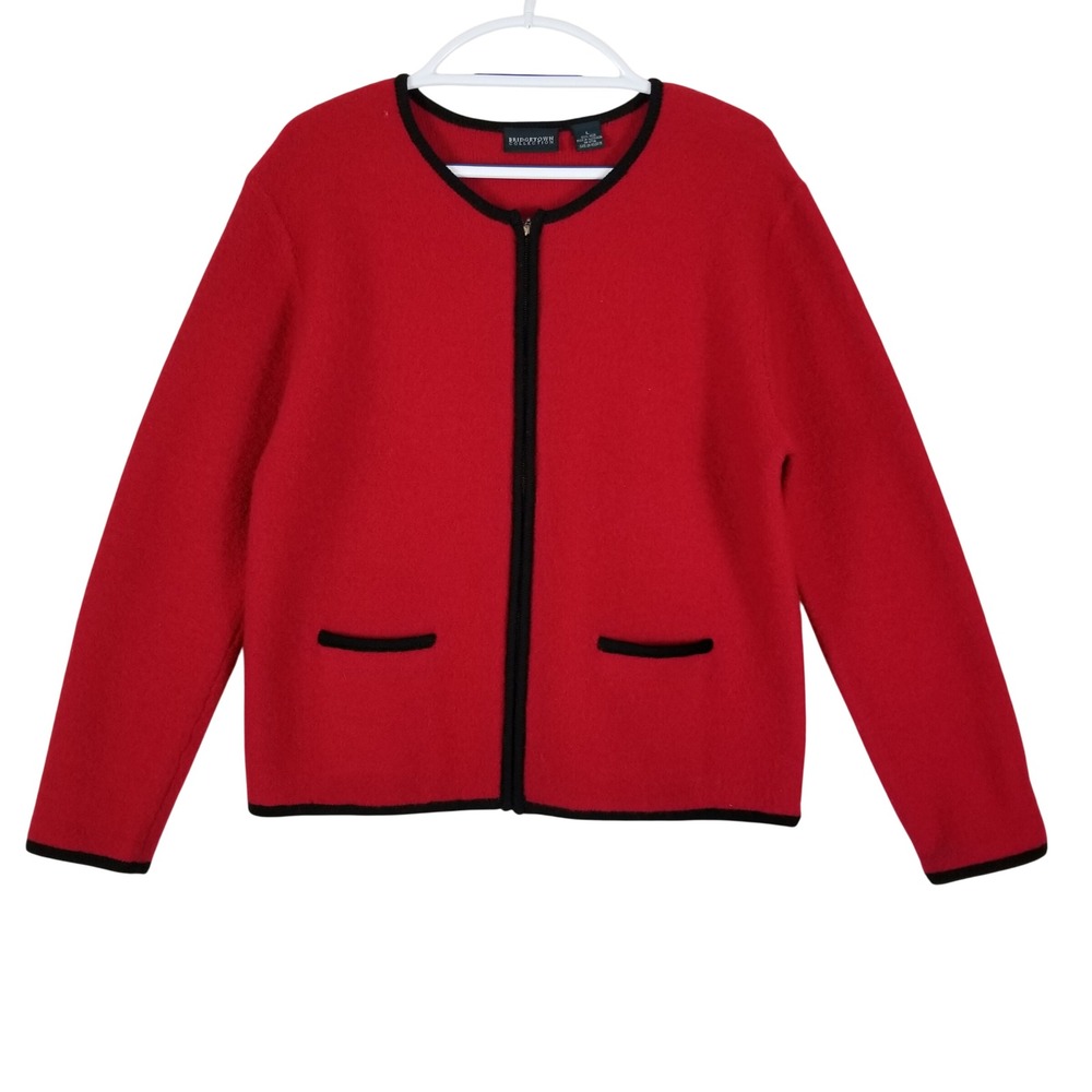 Bridgetown Collection Cardigan Women Large Red 100% Wool Zip Front Contrast Trim